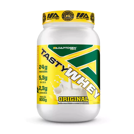 Pote de Tasty Whey Original da Adaptogen, embalagem de 900 gramas