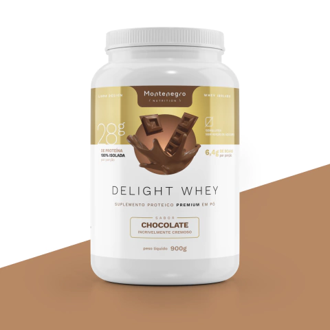 Embalagem do Delight Whey Isolado sabor chocolate, 900 gramas